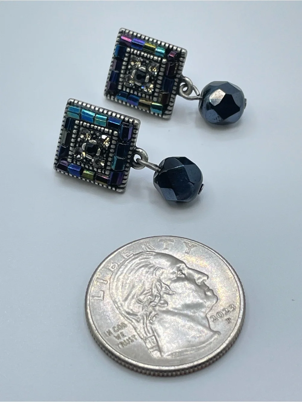 Vintage Silver Tone Blue Crystal Glass Art Deco Dangle Stud Earrings